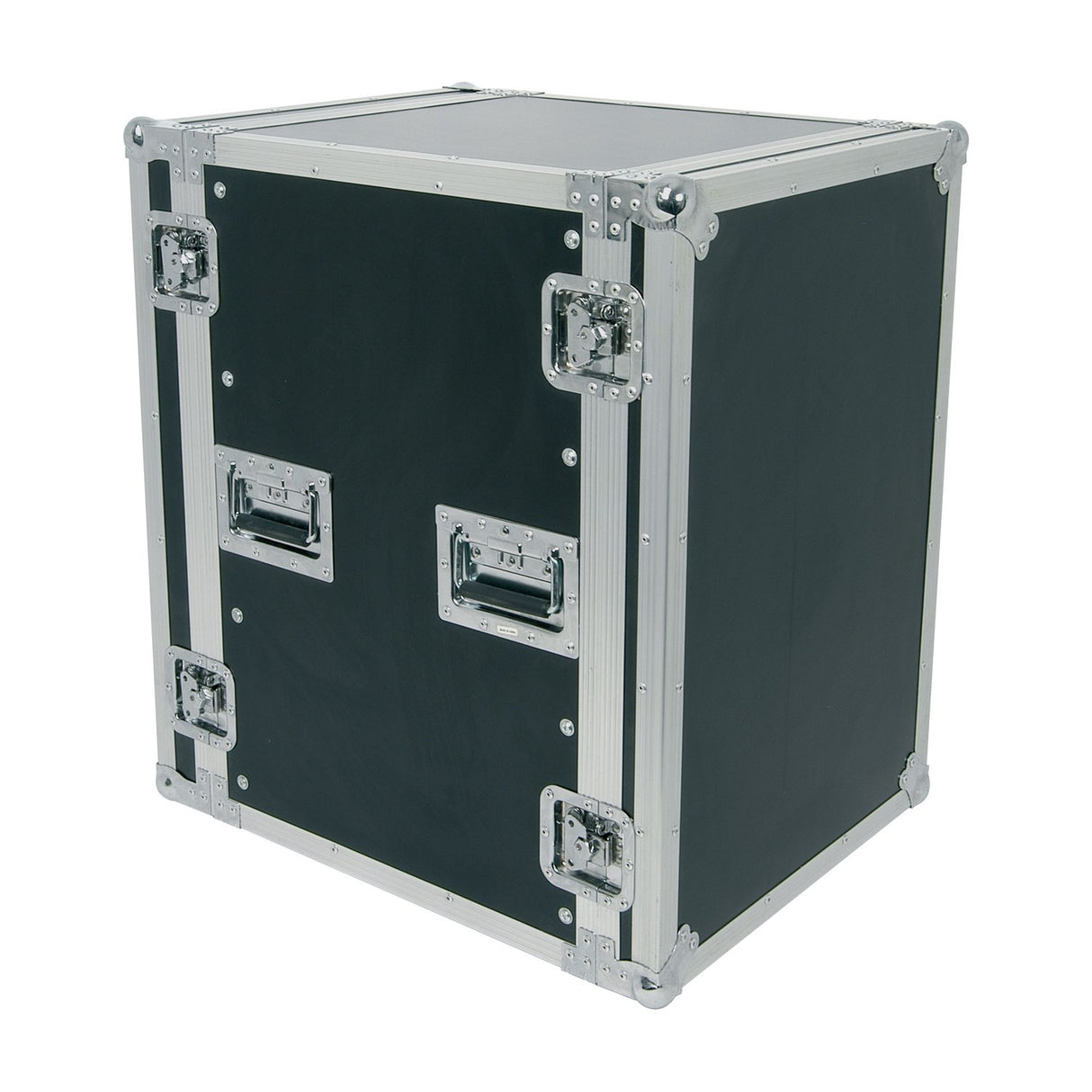 Citronic RACK:16U 19" equipment flightcase in black vinyl laminated plywood with silver metal corners, latches and side handles, on a white background.