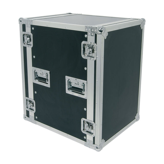 Citronic RACK:16U 19" equipment flightcase in black vinyl laminated plywood with silver metal corners, latches and side handles, on a white background.