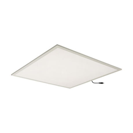 The Lumi Square 600x600mm LED Panel Light 30W 4000K is a white, square retrofit solution with a slim metallic frame and an attached power cable. Its minimalist style and thin design are highlighted against a plain white background, making it ideal for modern commercial lighting needs.