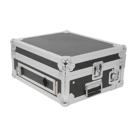 Citronic CASE:CDM63 6U plus 3U mixer rack case in black vinyl plywood with chrome metal corners, catches and spring loaded handle, on a white background.