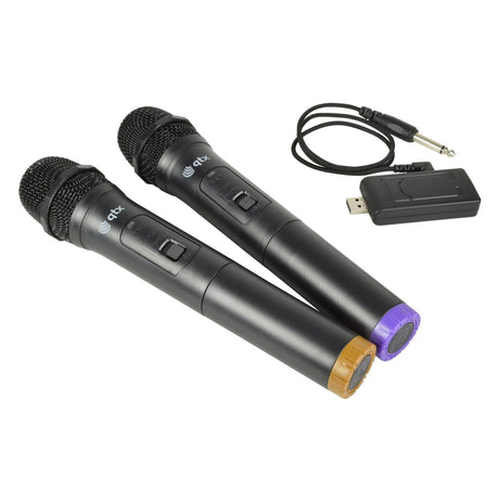 The QTX U-MIC Dual Handheld UHF System 863.2+864.8 MHz showcases two black microphones featuring colorful bands at their ends, alongside a USB receiver and an adapter cable, elegantly displayed against a white background.