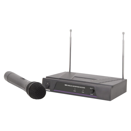 A QTX Handheld Microphone VHF Wireless System - 173.8 MHz, featuring a black wireless handheld transmitter with a mesh head, is placed next to the system's receiver. This receiver has two antennas and operates license-free, complete with several buttons and indicators on its front panel.