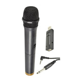 QTX U-MIC UHF wireless handheld microphone with dynamic cardioid capsule, USB receiver, and 3.5mm to 6.35mm jack lead on a white background.