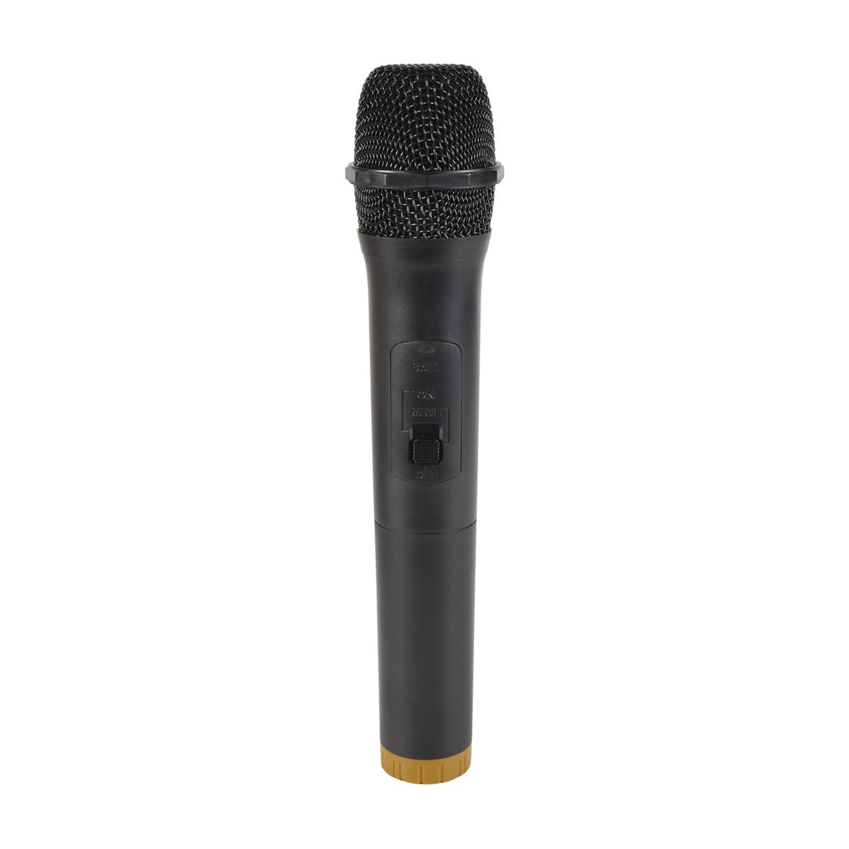 QTX U-MIC UHF wireless handheld microphone in matte black with mesh grille, mute slider switch and gold base ring, shown on a plain white background.