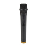 QTX U-MIC UHF wireless handheld microphone in matte black with mesh grille, mute slider switch and gold base ring, shown on a plain white background.