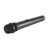 QTX U-MIC UHF wireless handheld microphone with dark grey body, gold end cap, black mesh grille and side power switch on a white background.