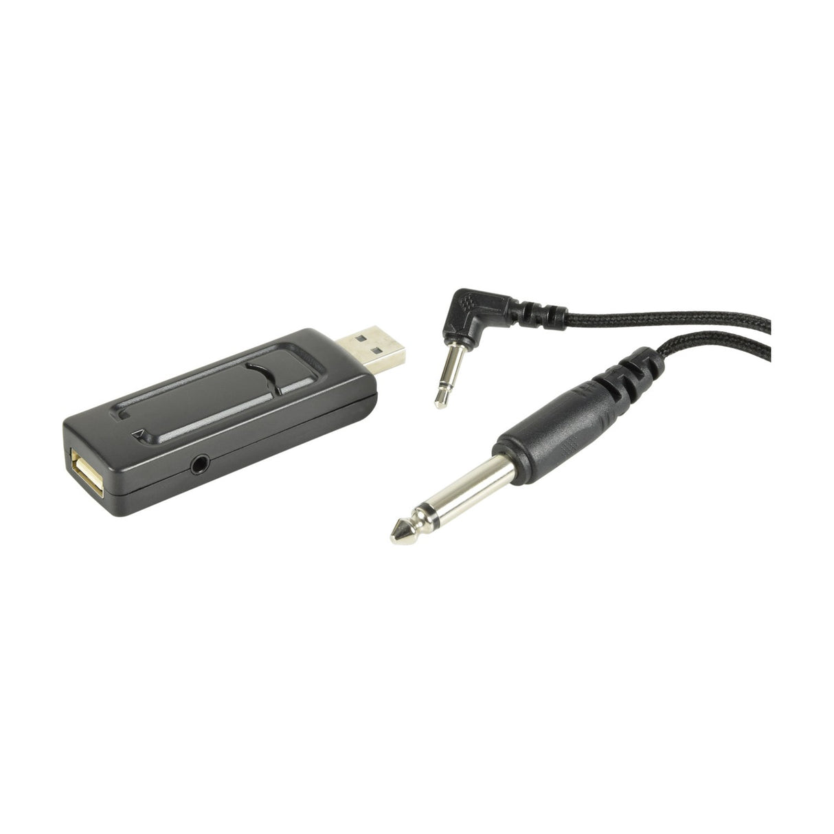 QTX U-MIC USB wireless receiver with plug-through USB port, 3.5mm output and included 3.5mm to 6.35mm jack adaptor cable on a white background.