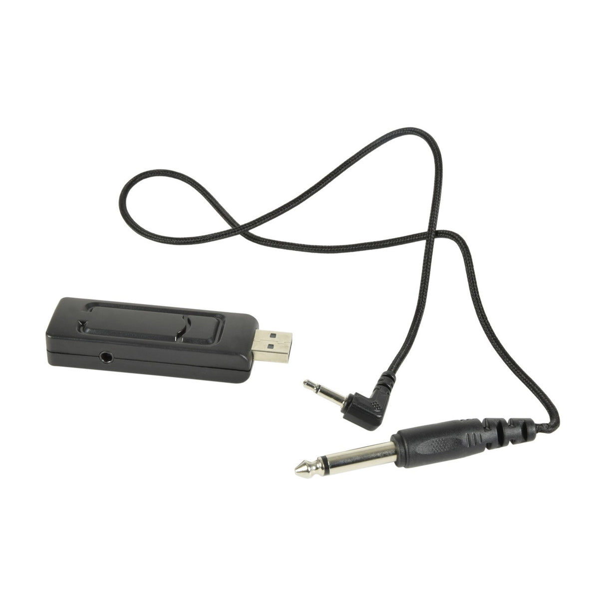 QTX U-MIC USB receiver with 3.5mm to 6.35mm jack adaptor lead, shown on a plain white background.