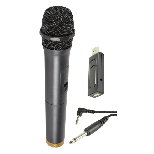 The QTX U-MIC USB Powered UHF Microphone 863.2mhz in a sleek black design, featuring a mesh grille, comes with a USB receiver and includes a detachable audio cable equipped with both a 3.5mm jack and a 6.35mm plug adapter.