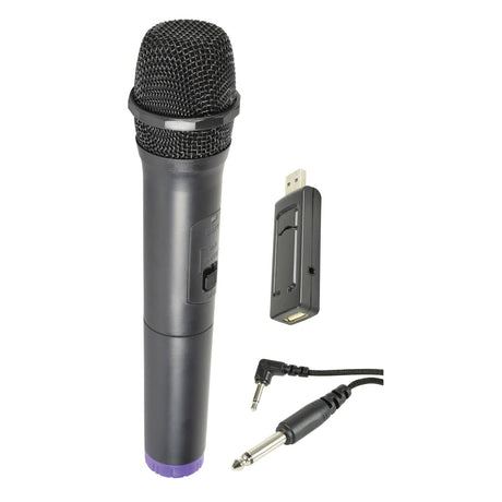 The QTX U-MIC USB Powered UHF Microphone 864.8MHz, featuring a sleek black design and textured grille, comes with a handheld transmitter and USB receiver. It also includes a black audio cable with a plug at one end and a jack at the other, all beautifully showcased against a pristine white background.