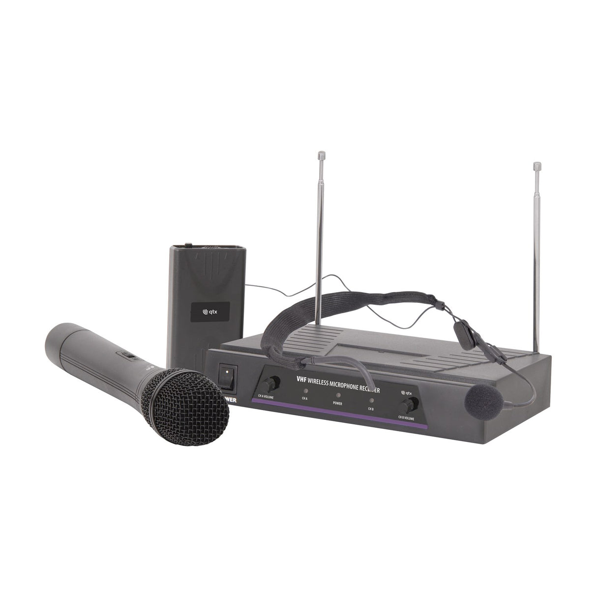 QTX VHN2 VHF wireless microphone system with dual-antenna receiver, handheld mic, beltpack transmitter and neckband headset on a white background.