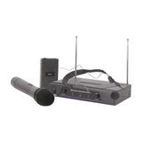 QTX VHN2 VHF wireless microphone system with dual-antenna receiver, handheld mic, beltpack transmitter and neckband headset on a white background.