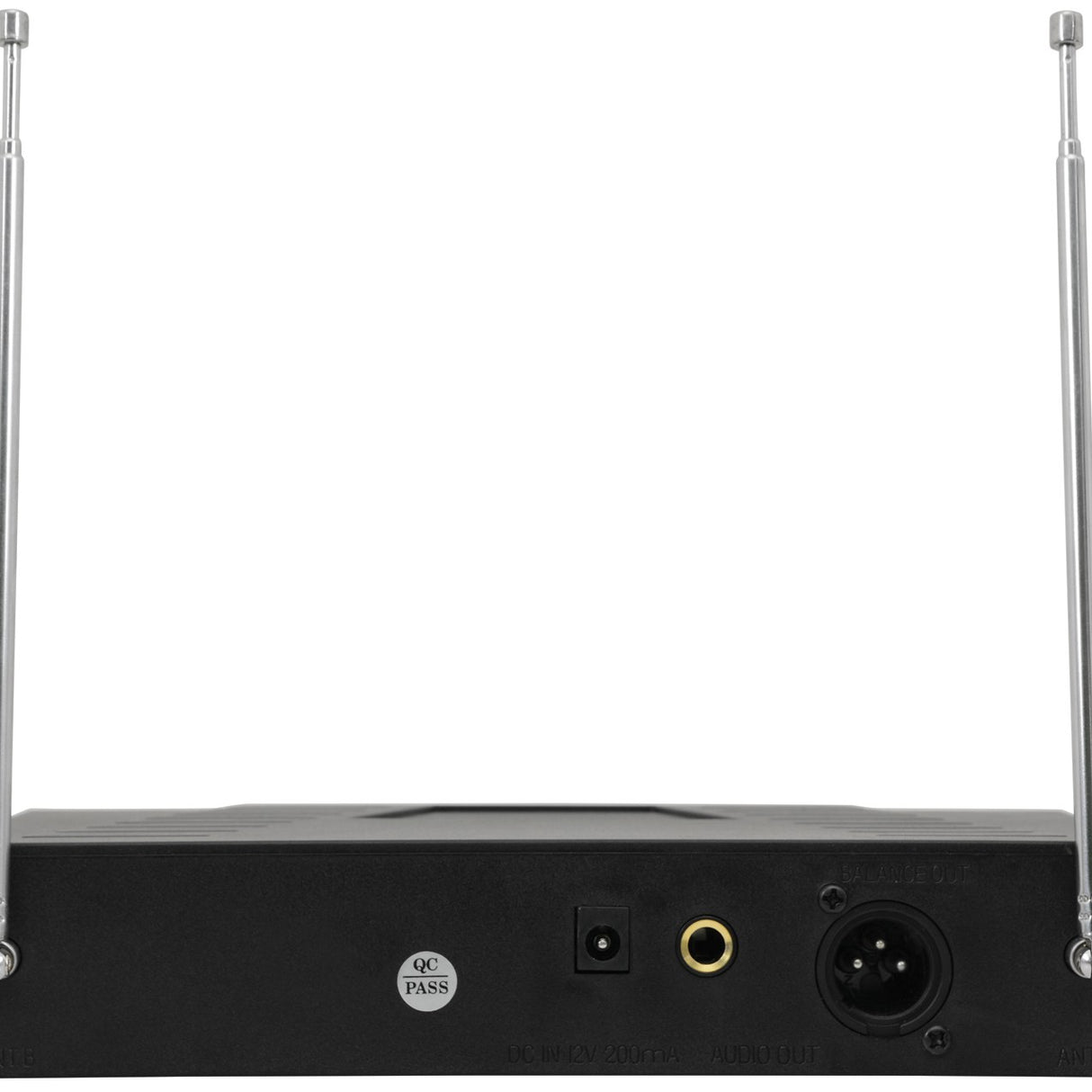 Rear view of the QTX VHN2 VHF wireless mic receiver with dual telescopic antennas, DC input, 6.3mm jack and balanced XLR output on a black casing.