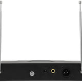 Rear view of the QTX VHN2 VHF wireless mic receiver with dual telescopic antennas, DC input, 6.3mm jack and balanced XLR output on a black casing.