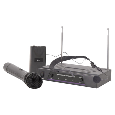 The QTX Handheld & Neckband VHF Wireless System - 173.8 + 174.8MHz is a dual channel, license-free microphone system that includes a hand-held mic, a receiver unit with antennas, a bodypack transmitter, and a headset microphone for versatile use.