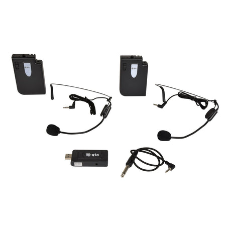 The QTX U-MIC Dual Neckband UHF System 863.2+864.8MHz in black features a set that includes two headset microphones for hands-free presentations, two bodypack transmitters, a USB receiver, and an audio cable adapter.