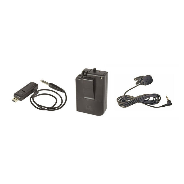 The QTX U-MIC Lavalier UHF Microphone System 863.2mhz includes a compact transmitter, a lavalier mic with a clip, and a USB receiver with connecting cables, all beautifully displayed on a white background.