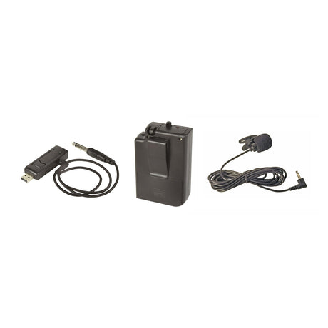 Image of the QTX U-MIC Lavalier UHF Microphone System 864.8 MHz, featuring a bodypack transmitter, a clip-on lavalier microphone, and a USB receiver with an attached audio cable. Each component is neatly arranged on a plain white background.