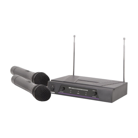 QTX VH2 dual handheld VHF wireless microphone system with black half-width receiver, twin antennas, volume controls, and two handheld mics.