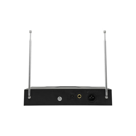 Rear view of the QTX VH2 dual VHF wireless microphone receiver with two extended telescopic antennas, XLR and 6.3mm jack outputs, and DC input.