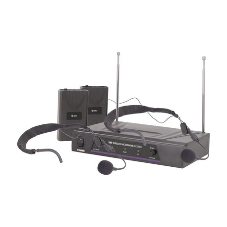 QTX VN2 dual channel VHF wireless microphone system with receiver, twin antennas, two beltpack transmitters and two neckband headset mics on white.