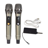QTX J-MIC dual UHF wireless system with two metal handheld mics featuring channel displays and a compact receiver with 6.35mm plug and USB cable.
