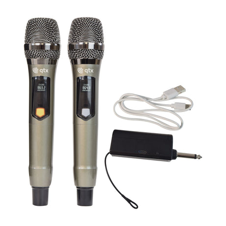 QTX J-MIC dual UHF wireless system with two metal handheld mics featuring channel displays and a compact receiver with 6.35mm plug and USB cable.