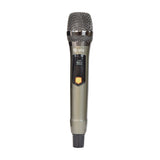 QTX J-MIC UHF handheld wireless microphone with mesh grille, digital frequency display and metal body in champagne finish on a white background.