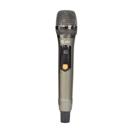 QTX J-MIC UHF handheld wireless microphone with mesh grille, digital frequency display and metal body in champagne finish on a white background.