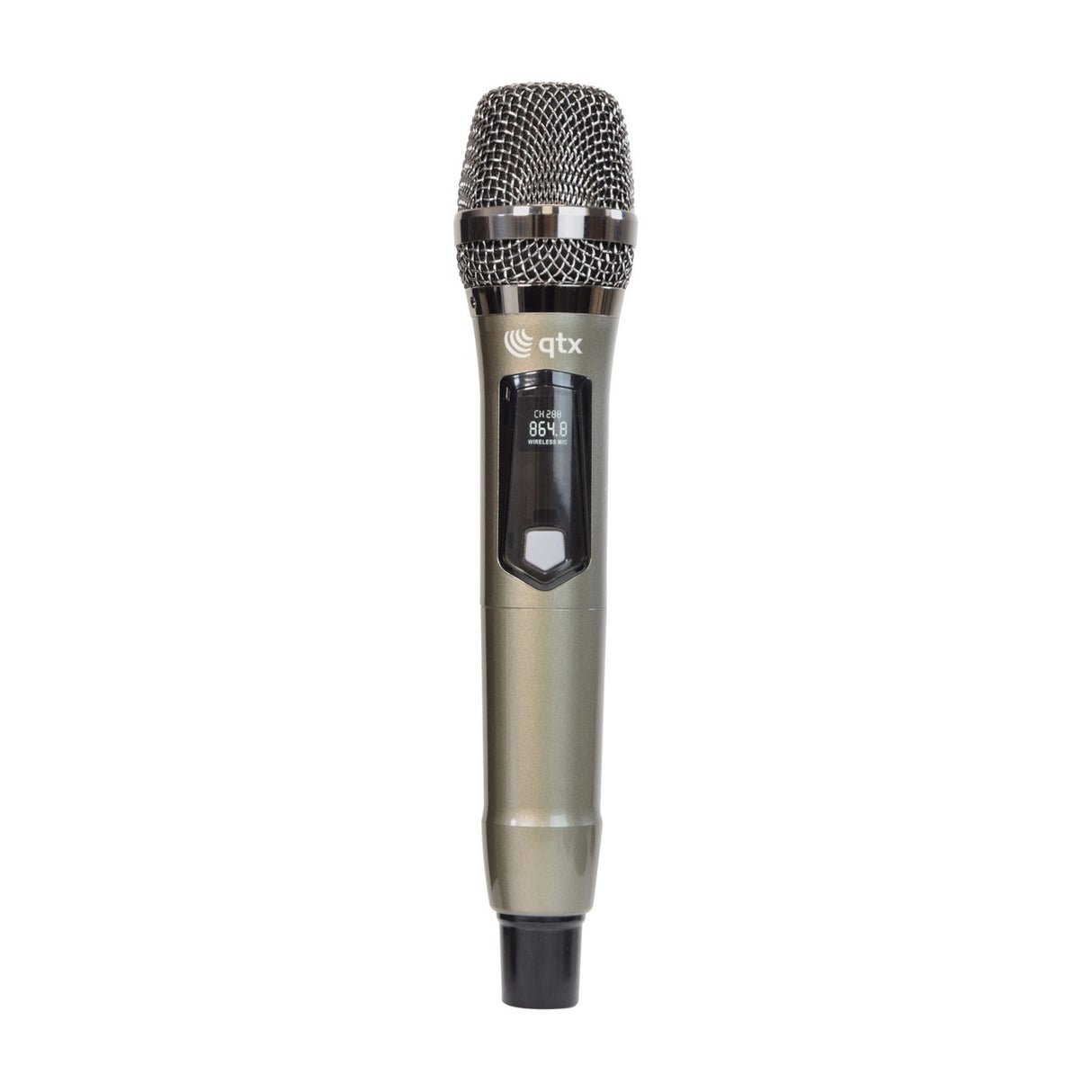 QTX J-MIC UHF handheld wireless microphone with metal mesh grille, champagne body and small display showing channel and frequency, on a white background.