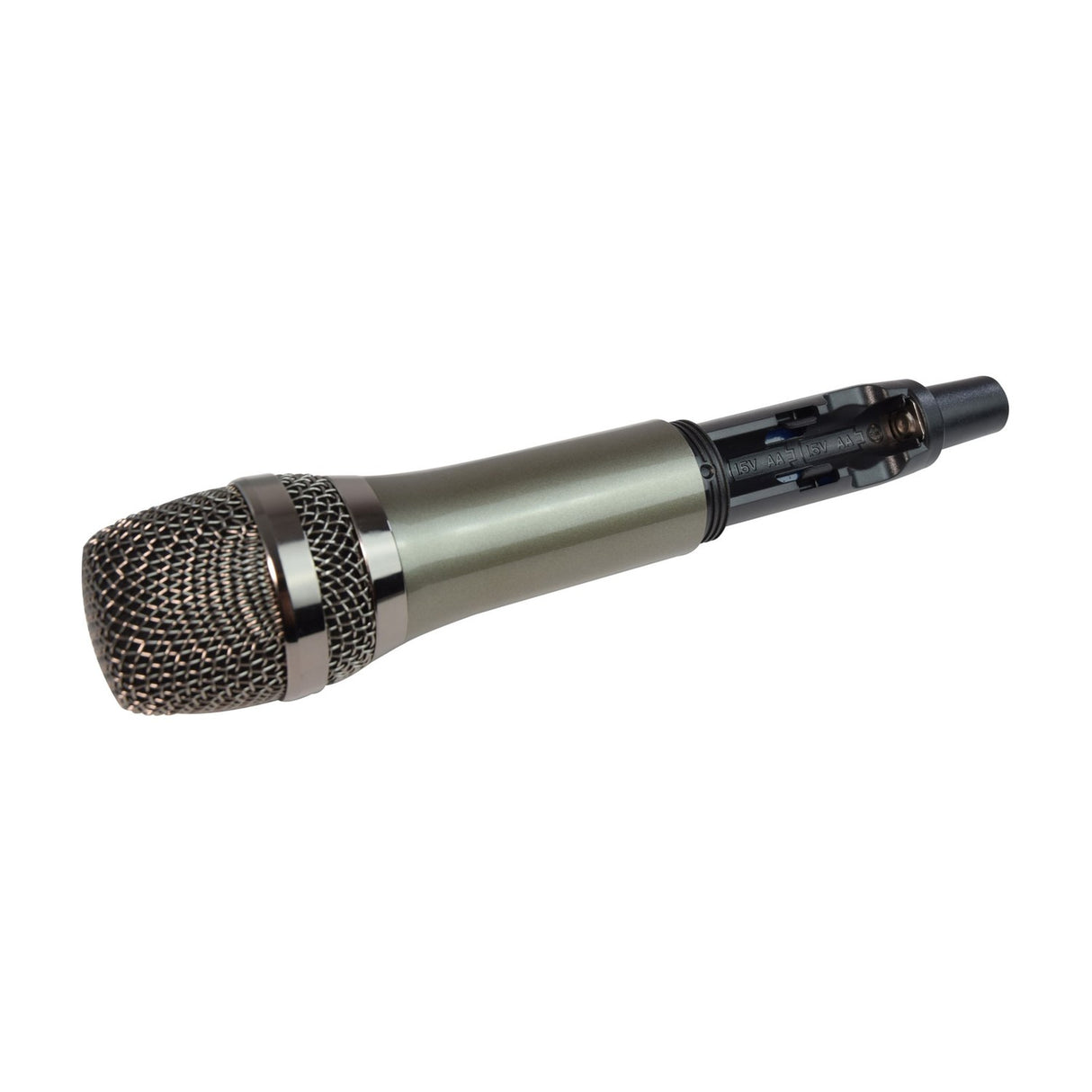 QTX J-MIC UHF wireless handheld microphone with mesh grille, silver metal body and open battery compartment showing AA slots, on a white background.
