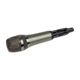 QTX J-MIC UHF wireless handheld microphone with mesh grille, silver metal body and open battery compartment showing AA slots, on a white background.