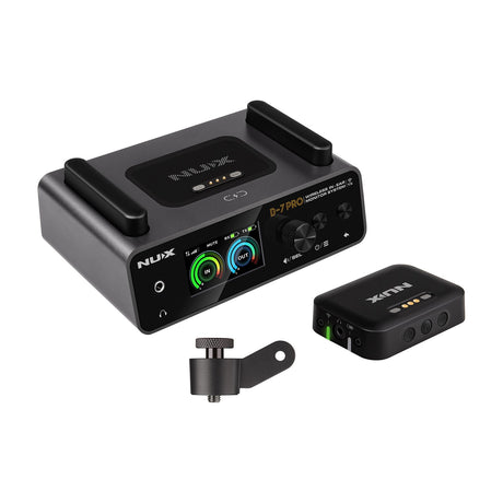 NU-X B-7 Pro wireless 2.4GHz in-ear monitoring system by AVSL, showing black transmitter with colour display, beltpack receiver and mounting adaptor on white.
