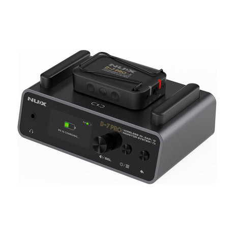 NU-X B-7 Pro wireless in-ear monitoring transmitter in matte black with colour display and control knob, beltpack receiver docked on top charging.
