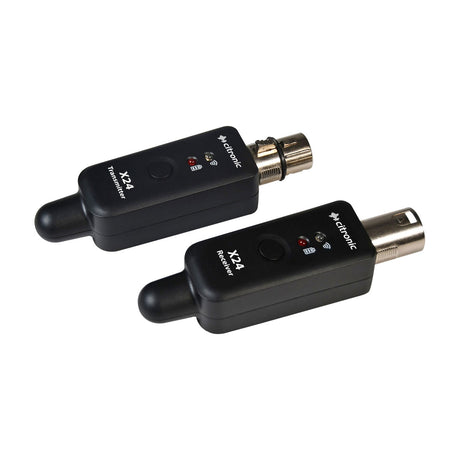 Citronic X24 plug-in 2.4GHz wireless XLR set with black transmitter and receiver units featuring XLR connectors and status LEDs on a white background.