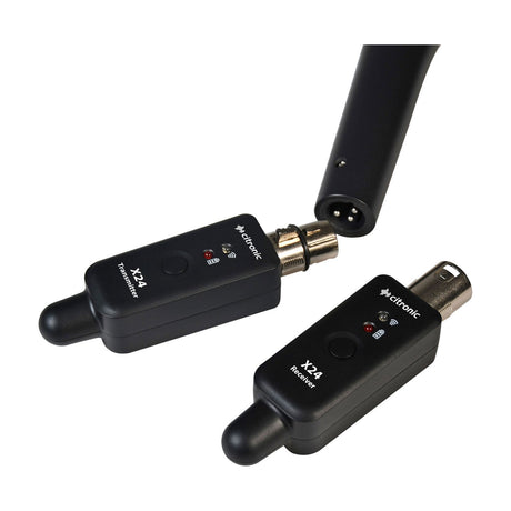 Citronic X24 2.4GHz wireless XLR transmitter and receiver set in matte black with LED indicators, shown with a microphone connected on a white background.