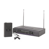 QTX VL1 VHF wireless lavalier microphone system with dual-antenna receiver, beltpack transmitter, and clip-on lapel mic on a white background.