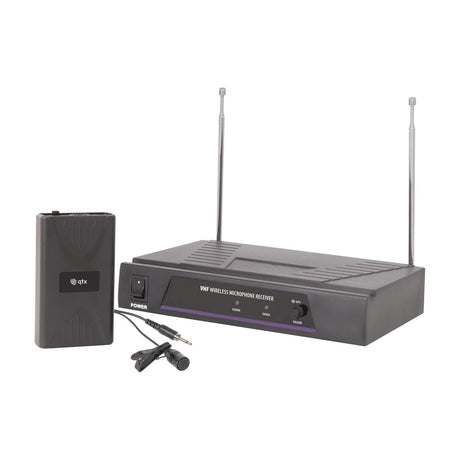QTX VL1 VHF wireless lavalier microphone system with dual-antenna receiver, beltpack transmitter, and clip-on lapel mic on a white background.