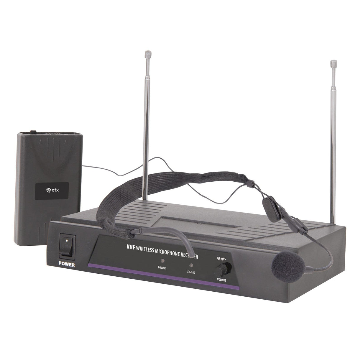 The QTX Neckband Microphone VHF Wireless System - 174.5 MHz offers a licence-free VHF wireless microphone setup, complete with a receiver unit featuring dual antennas, a transmitter pack, and a sleek black neckband headset microphone.