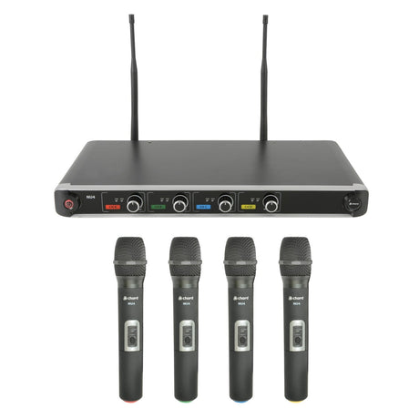 Introducing the Chord NU4-H Quad UHF System - Handheld, a wireless microphone setup offering four independent channels. It includes a rack-mountable receiver with two antennas and four handheld microphones, each featuring a distinct colored ring at the base. This design is complemented by matching colored labels and control knobs on the receiver for seamless operation.