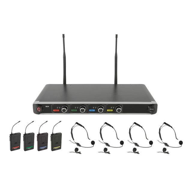 The Chord NU4-N Quad UHF System-Neck/Lapel is a wireless microphone setup that includes a rack-mountable receiver with two antennas, four independent channels, and four wireless belt pack transmitters, along with headset microphones that have colored labels for easy channel identification.