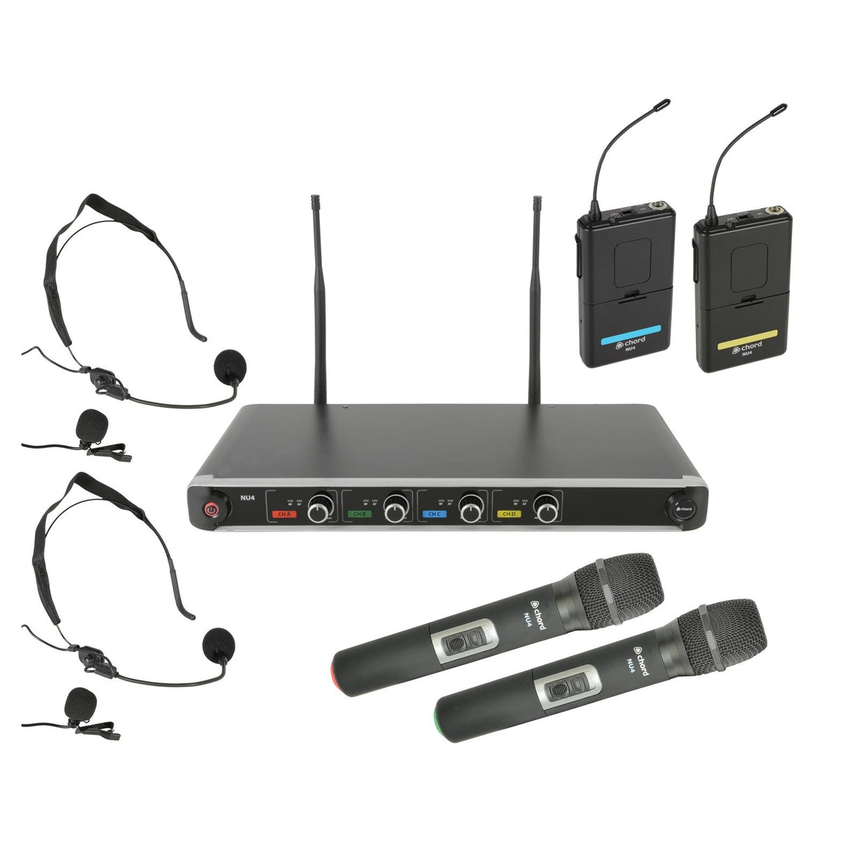 The Chord NU4-C Quad UHF System - Combo offers a rack-mountable receiver with dual antennas, along with two handheld microphones, two headset microphones, and two bodypack transmitters, all operating on license-free UHF frequencies.