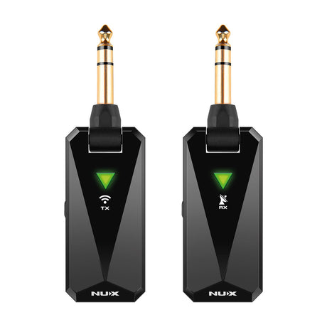 NU-X B-5RC rechargeable 2.4GHz wireless guitar system with black transmitter and receiver units, gold 6.35mm jack plugs and green indicators, on white.