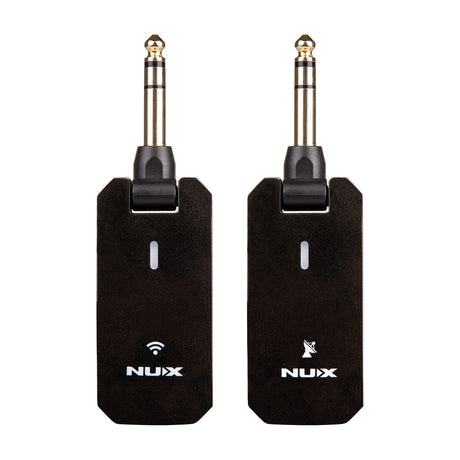 NU-X C-5RC rechargeable 5.8GHz wireless guitar system with matched black transmitter and receiver, gold 6.3mm jack plugs and LED indicators, on white.