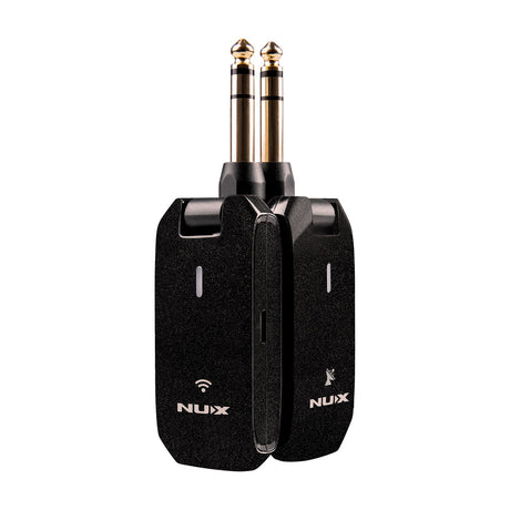 NU-X C-5RC rechargeable 5.8GHz wireless guitar system transmitter and receiver pair in matte black with gold 6.3mm jack plugs, on a white background.