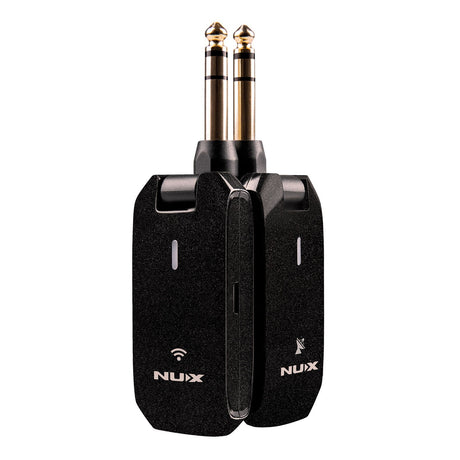 Introducing the NU-X C-5RC Rechargeable Guitar Bug Set 5.8GHz, a wireless system that includes a rechargeable transmitter and receiver set equipped with two 1/4-inch plugs. The black units feature LED indicators and prominently display the NUX brand, ensuring seamless audio transmission between your instruments and amplifiers.