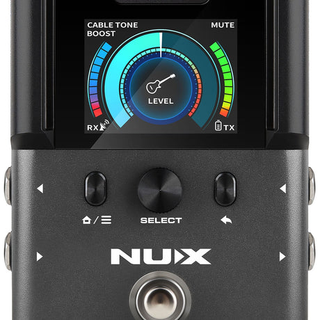 NU-X B-8 2.4GHz wireless pedal system by AVSL, close-up of the colour display showing Cable Tone Boost and level dial, with select knob and toggles.