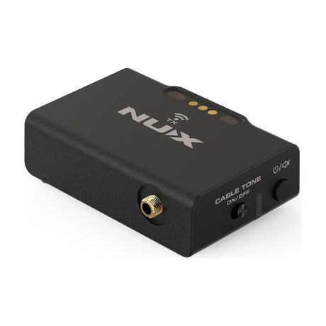 NU-X B-8 2.4GHz wireless transmitter pack in matte black with 6.35mm jack input, cable tone switch, power button and LED indicators.