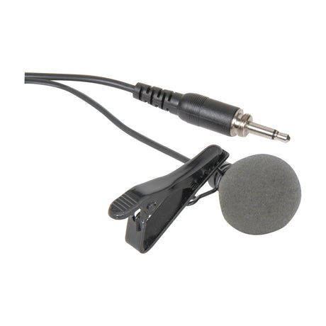 Chord LM-35 cardioid lavalier tie-clip microphone by AVSL with black clip, grey foam capsule and threaded 3.5mm mono jack on a white background.