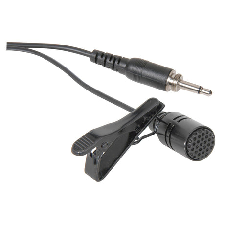 Introducing the Chord LM-35 Cardioid Lavalier Tie Clip Microphone—a stylish black microphone equipped with a 3.5mm audio jack and cable. It includes a compact clip for effortless attachment to clothing, making it ideal for capturing clear audio in any environment.